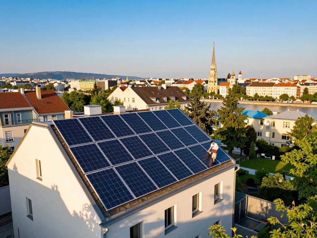 Erkundung der Photovoltaik Wien mit Solarpaneelen auf Wiener Dächern und umweltbewussten Hausbesitzern.