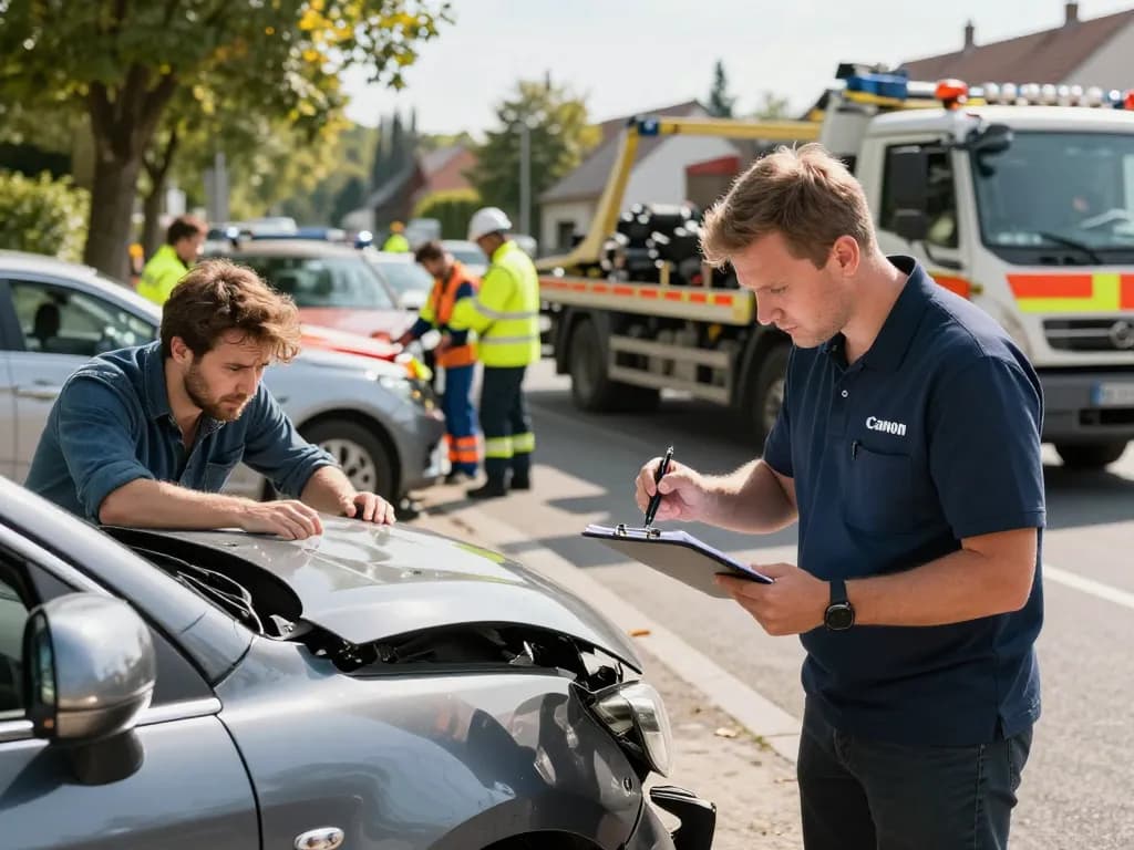 Kfz Gutachter Düren inspiziert ein beschädigtes Fahrzeug an einem Unfallort und zeigt Professionalität und Fachkompetenz in der Automobilbewertung.