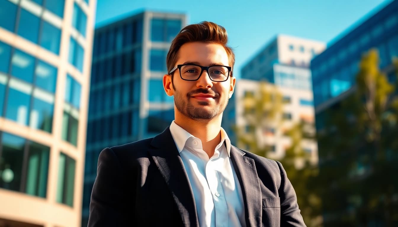 Professionelles Business Portrait München einer selbstbewussten Person in einem urbanen Setting.
