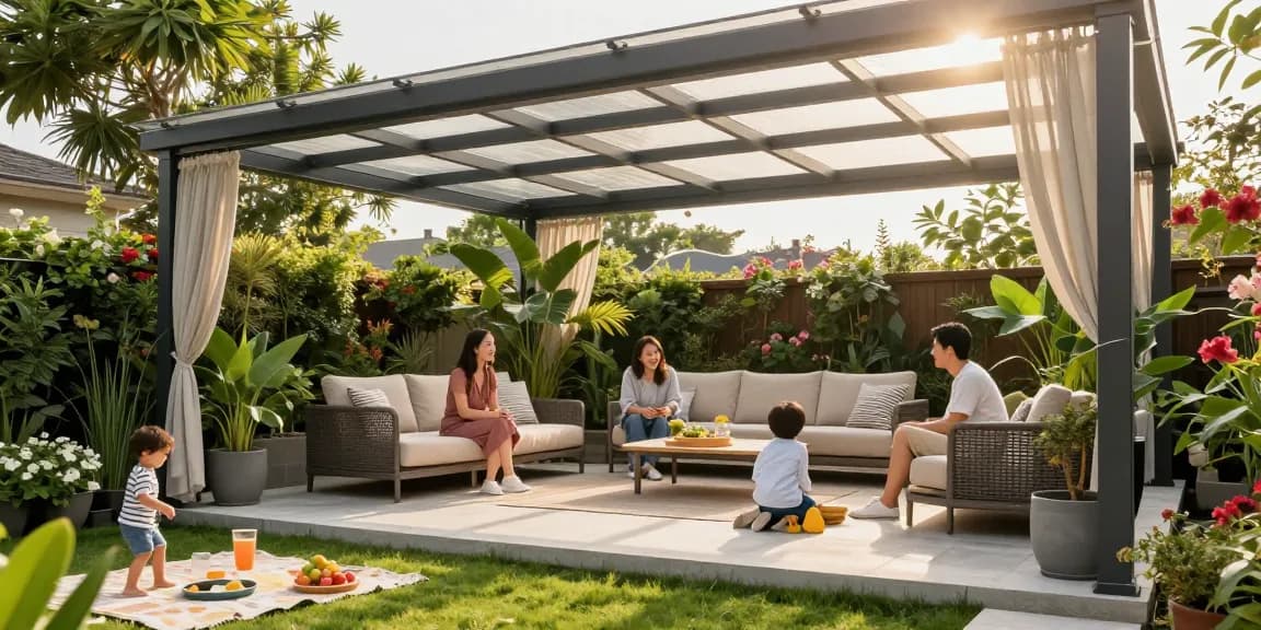 Freistehende Terrassenüberdachung mit Familie im Garten, sonnige Atmosphäre und stilvolles Design.