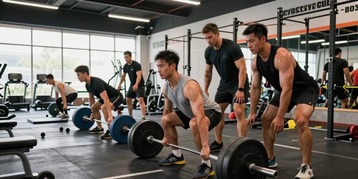 Bodybuilder trainieren in einem lebhaften Fitnessstudio, das Kameradschaft und intensive Workouts bei Steroidshop zeigt.