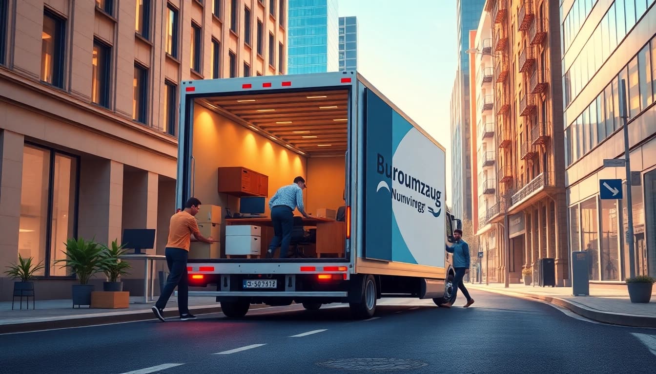 Professionals executing a Büroumzug Nürnberg, carefully loading office items into a moving truck.