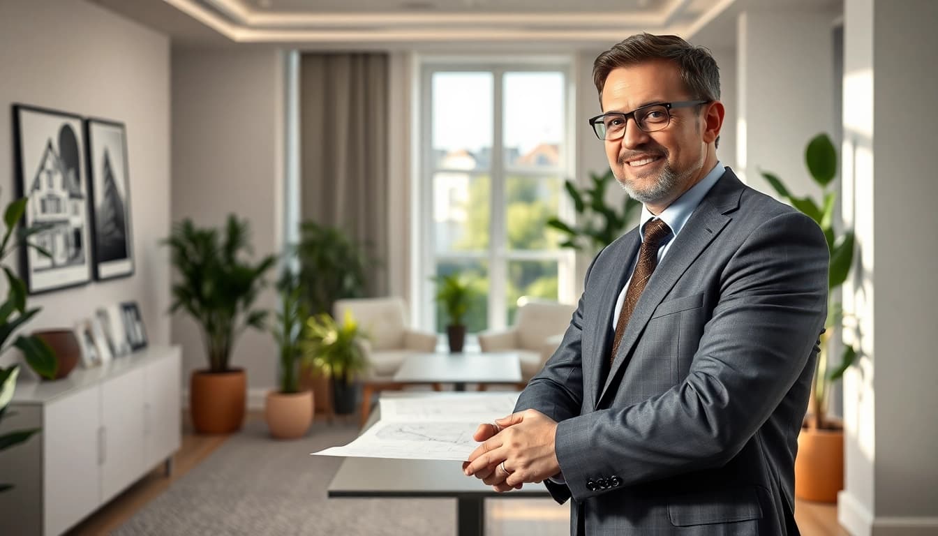 Immobilienmakler Frankfurt Riedberg berät Kunden in einem modernen Büro mit eleganter Einrichtung.