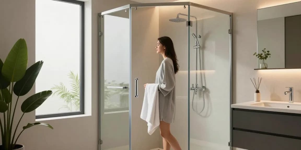 Een moderne badkamer met een chique douchecabine glas, uitnodigende sfeer met zachte verlichting en elegante decoratie.