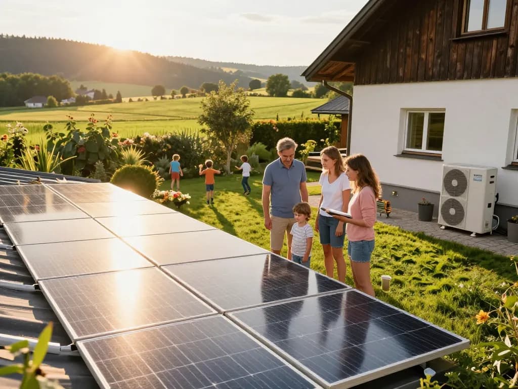 Familie diskutiert die Installation von Solarpaneelen und betont die Vorteile der Photovoltaik Bayern für ein umweltfreundliches Leben.