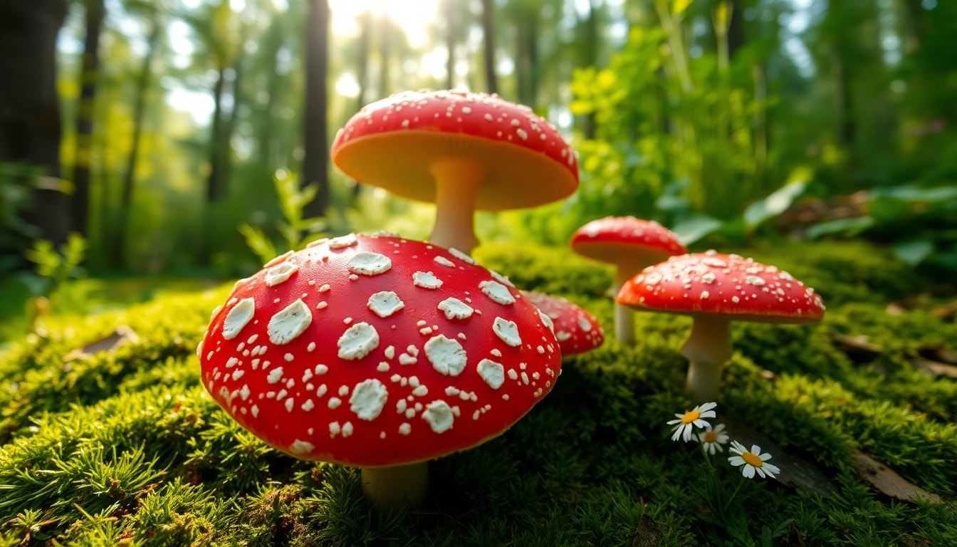 Amanita muscaria kaufen – Entdecken Sie den lebhaften roten Fliegenpilz in seinem natürlichen Waldlebensraum.