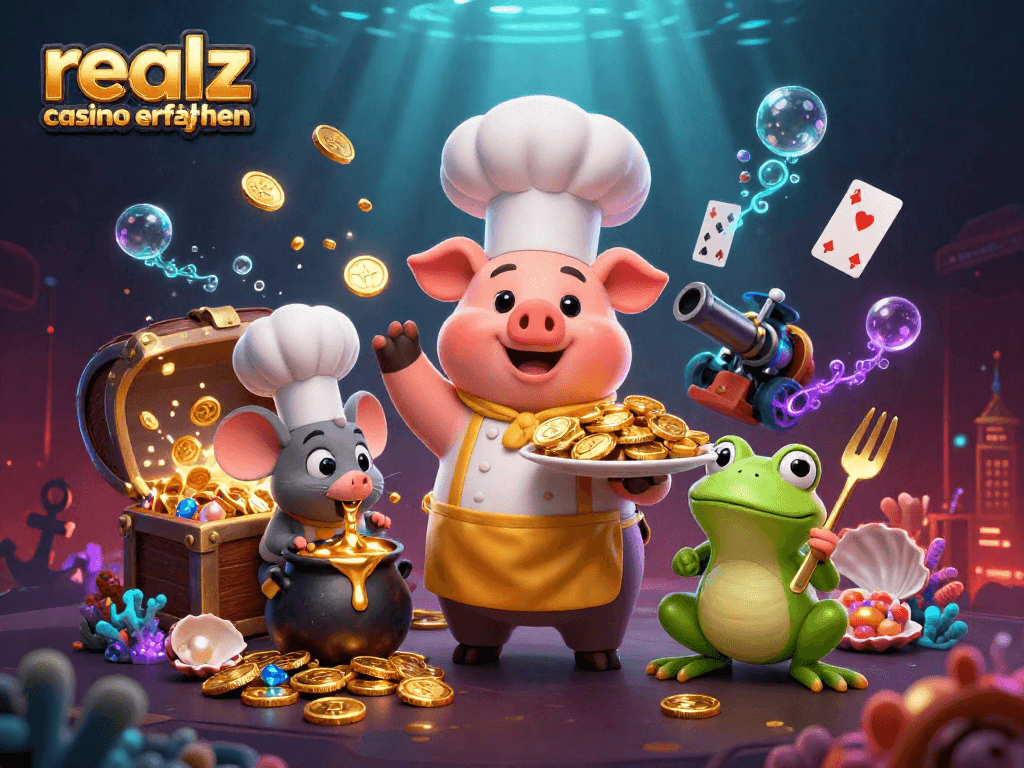 Realz Casino Erfahrungen: 3D Cartoon Szene mit Charakteren, die Goldmünzen servieren und spielerisch interagieren.