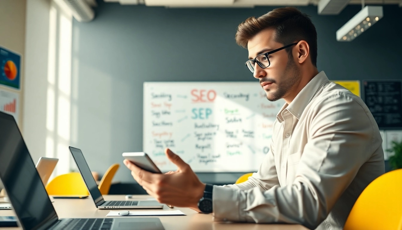 Präsentation von SEO Tipps durch einen digitalen Marketingexperten in einem modernen Büro.