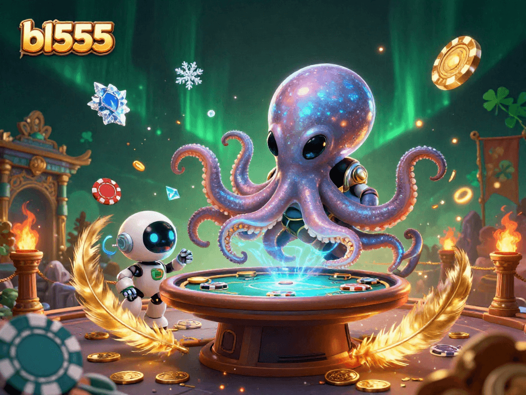 Experience thrilling gameplay at bl555 with an alien octopus at a holographic poker table amidst swirling cosmic elements.