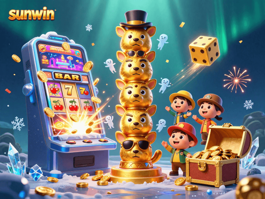 Win big with sunwin in this vibrant 3D casino scene featuring dynamic casino elements.