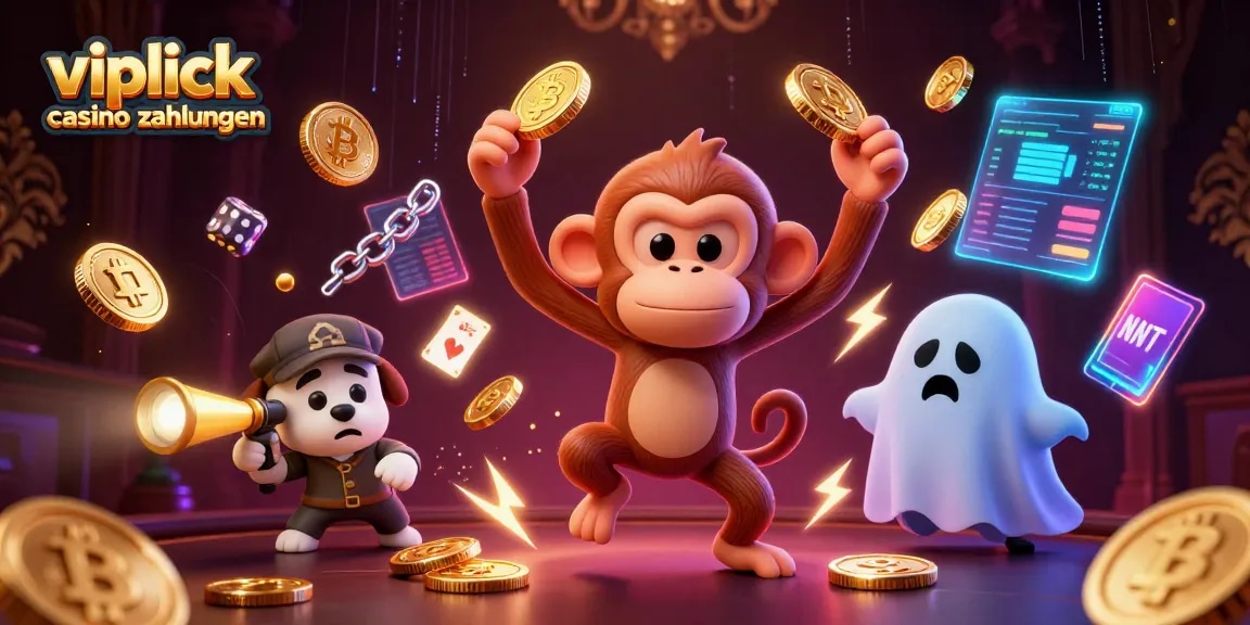 vipluck casino zahlungen: Interaktive Glücksspielszene mit Krypto-Elementen und einem neugierigen Hund.