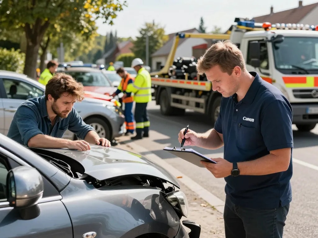 Kfz Gutachter Düren inspiziert ein beschädigtes Fahrzeug an einem Unfallort und zeigt Professionalität und Fachkompetenz in der Automobilbewertung.