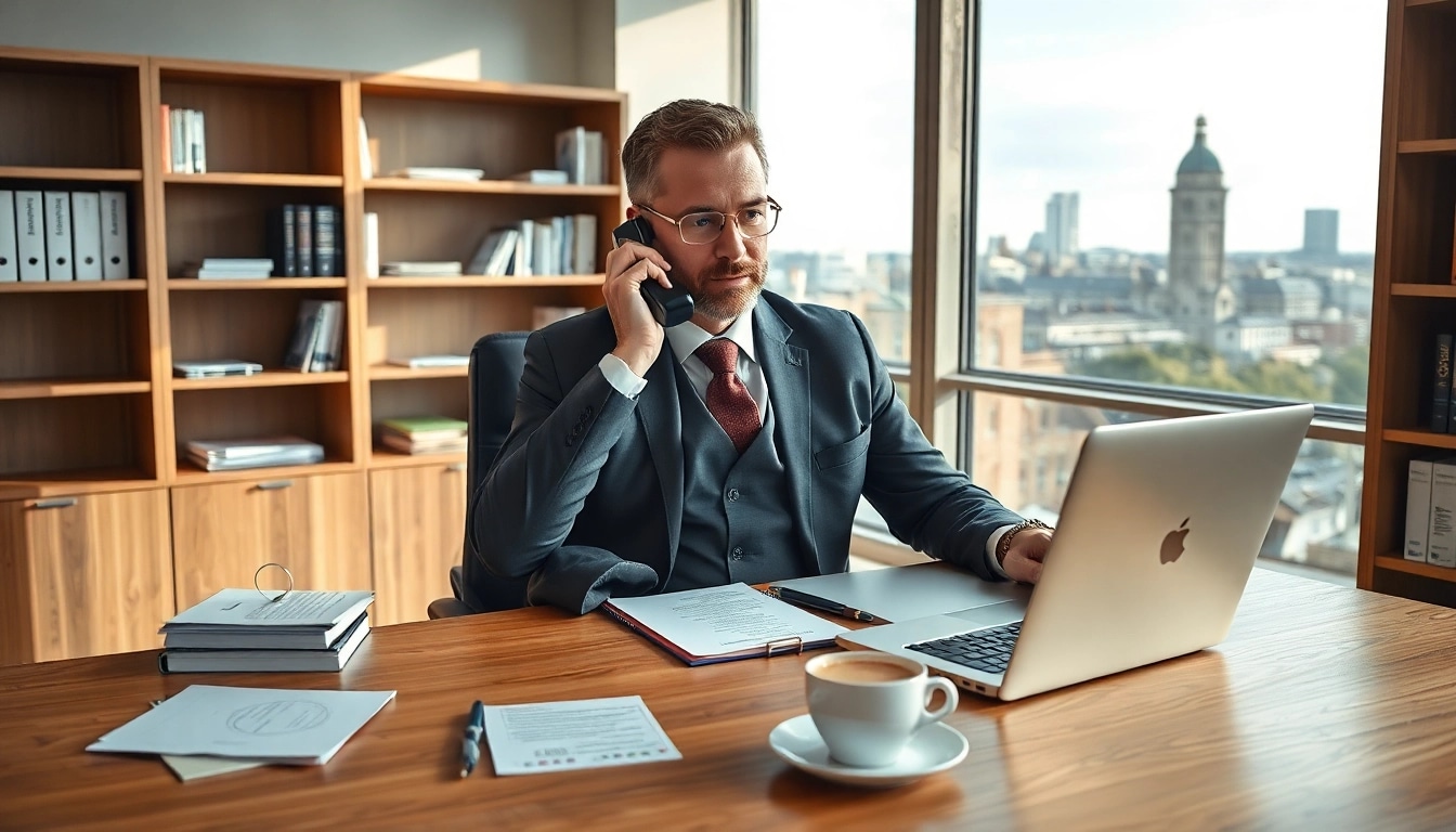 Der Headhunter Bonn kommuniziert professionell am Schreibtisch.