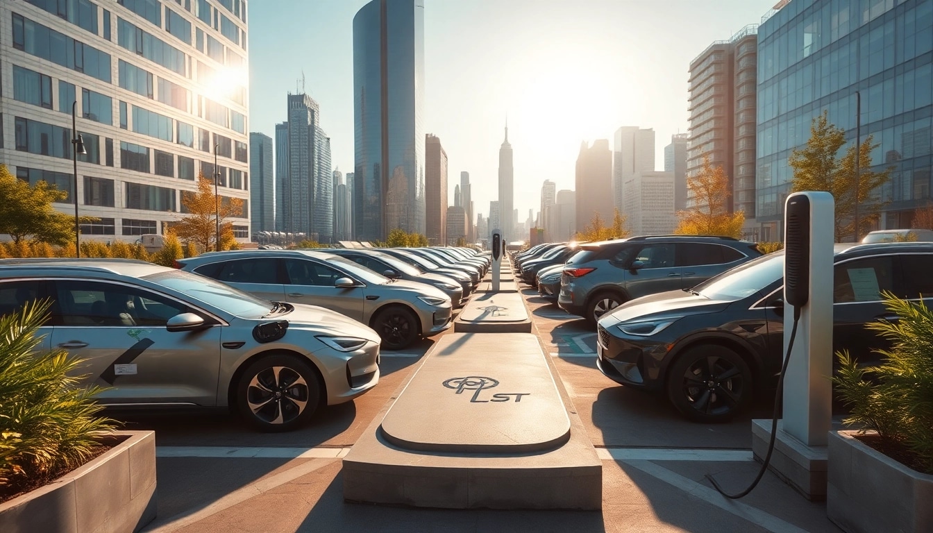 Elektroautos an einer modernen Ladestation in einer urbanen Umgebung.