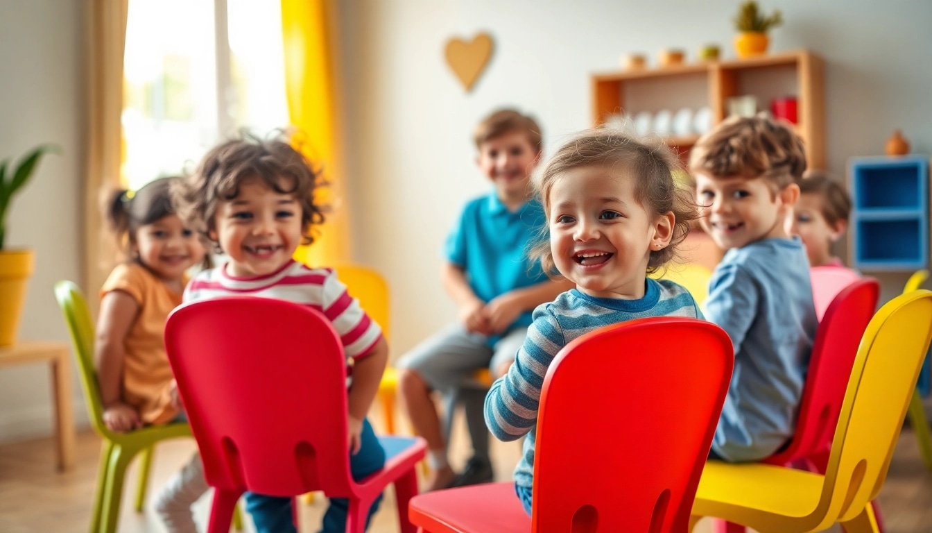Kinder spielen "Musical Chairs" drinnen, mehr dazu lesen fuer kreative Ideen.