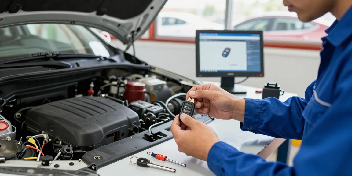 Mechaniker überprüft Auto Schlüssel und Schlüsselprogrammierung in einer hellen Werkstatt.