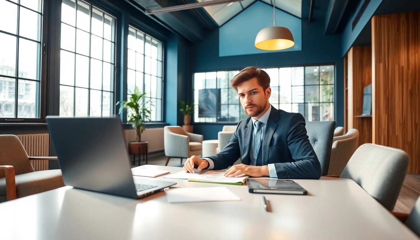 Headhunter arbeitet konzentriert am Laptop in modernem Büro, umgeben von eleganter Ausstattung.