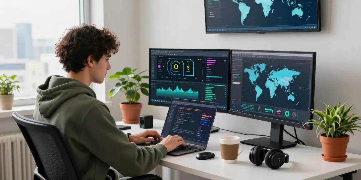 Innovative workspace with software engineer coding to Streaming Geoblocking umgehen, showcasing dual monitors with analytics.