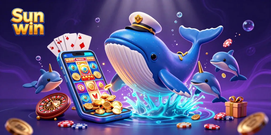 Engage with the vibrant Sun win cinematic casino scene featuring a whale, narwhal, and dolphins.