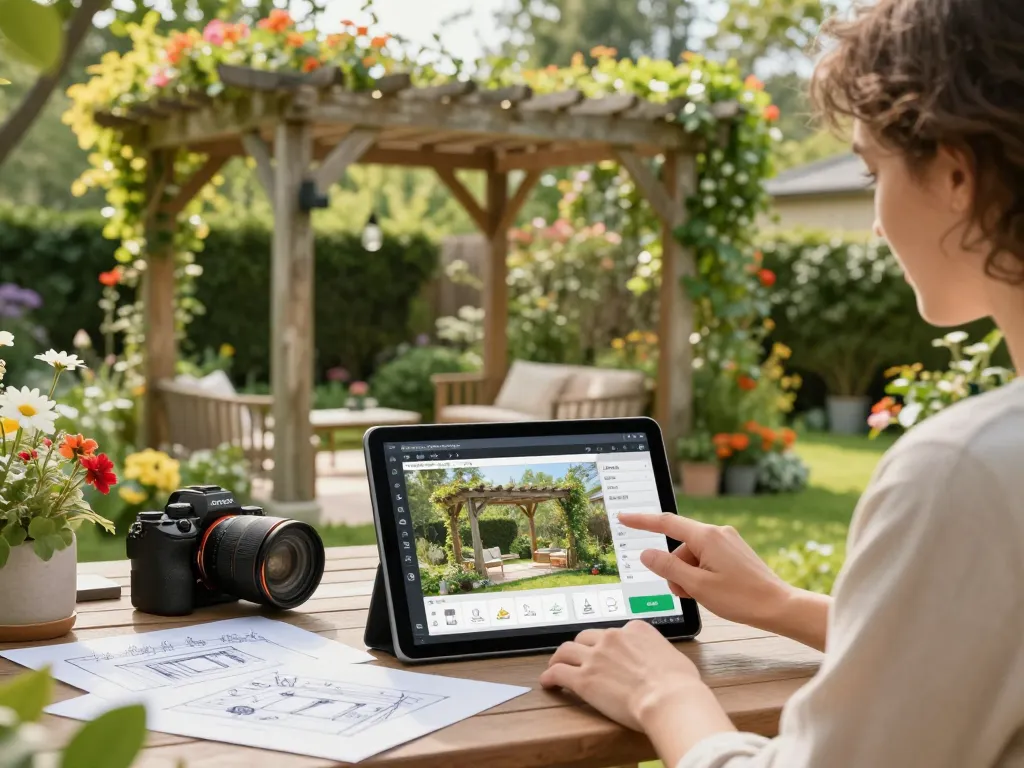 Entdecken Sie Pergola 3D-Designs in einem lebhaften Garten mit einem Hauseigentümer, der Konfigurationssoftware verwendet.
