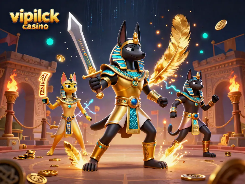 Spin and win at vipluck casino with Anubis and Bastet in a 3D gambling arena