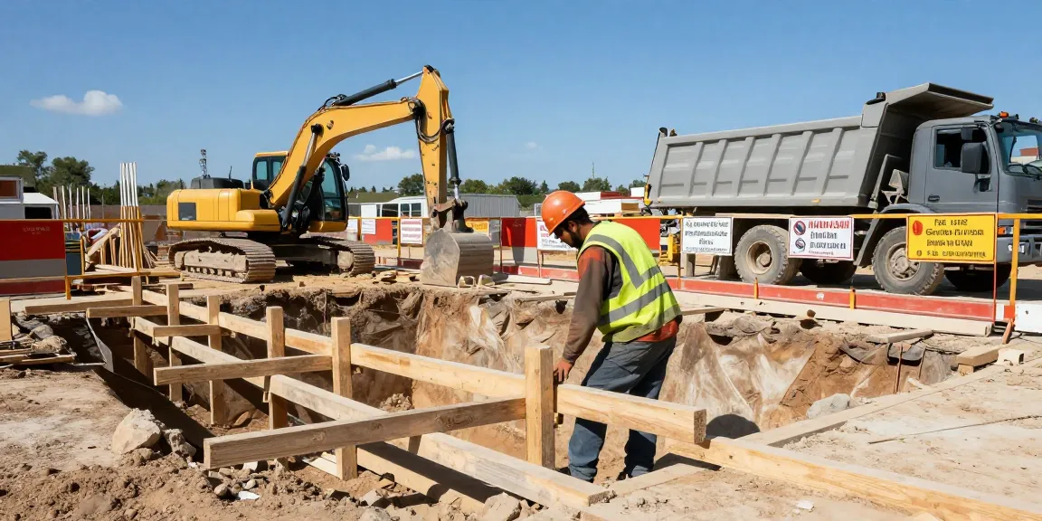 Professionelle Absicherung der Baugrube mit einem Arbeiter, Schutzausrüstung und Holzversteifungen auf einer Baustelle.