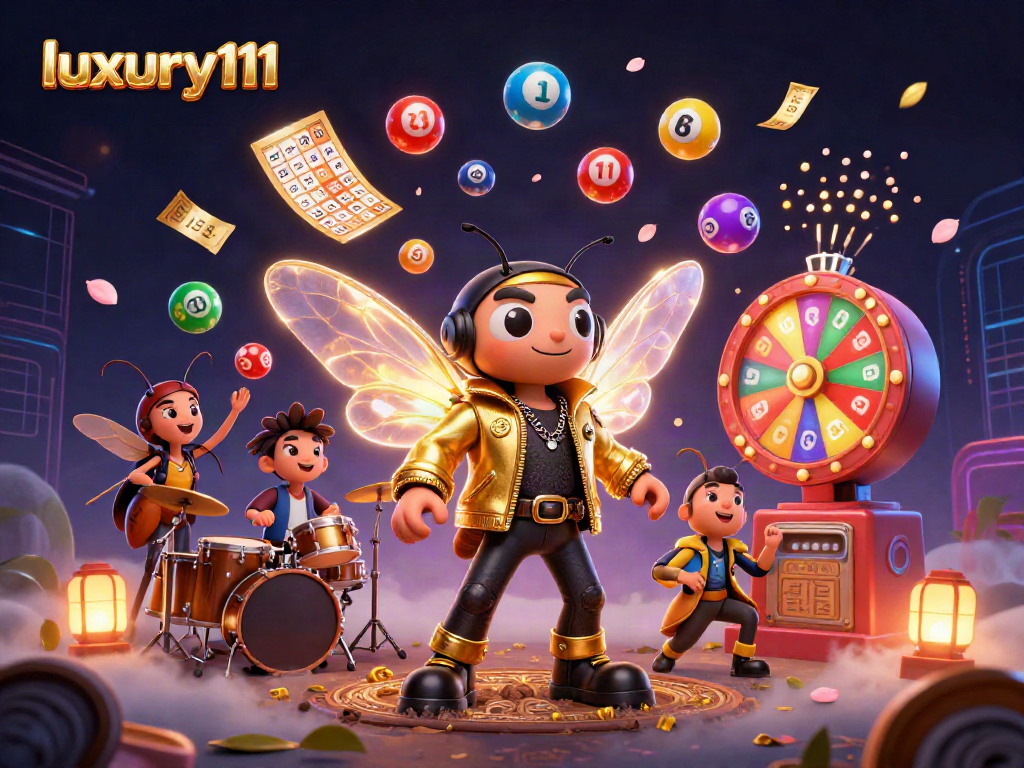 Experience luxury111 in an energetic 3D lottery scene with vibrant characters, bouncing balls, and golden prizes.