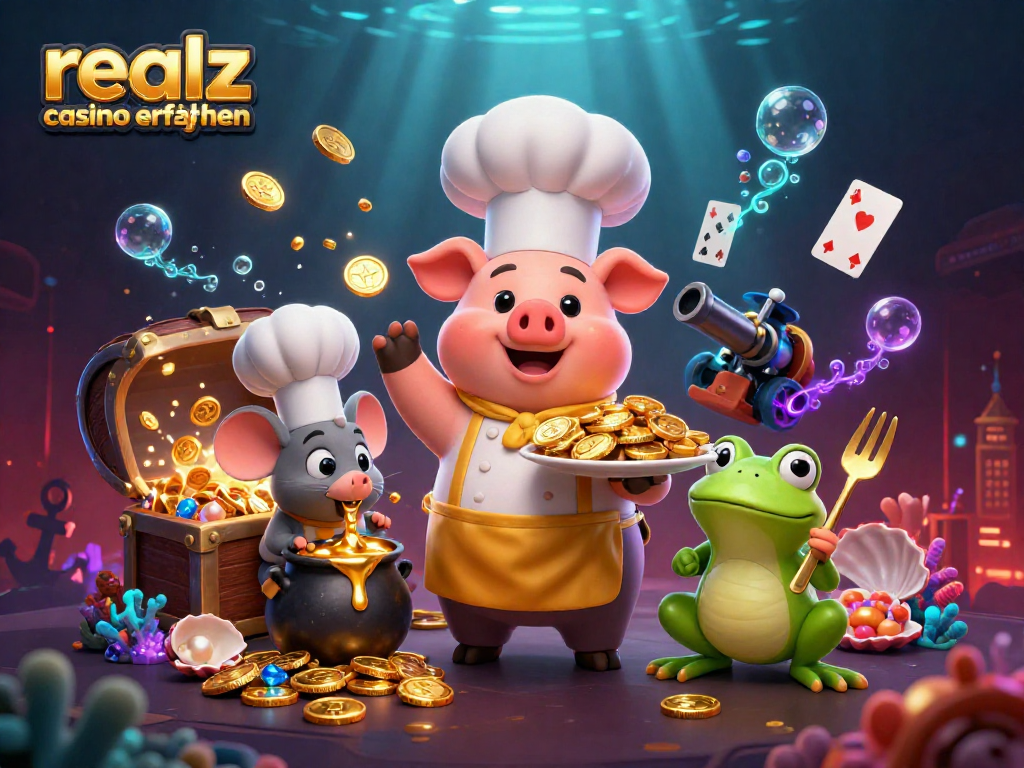 Realz Casino Erfahrungen: 3D Cartoon Szene mit Charakteren, die Goldmünzen servieren und spielerisch interagieren.