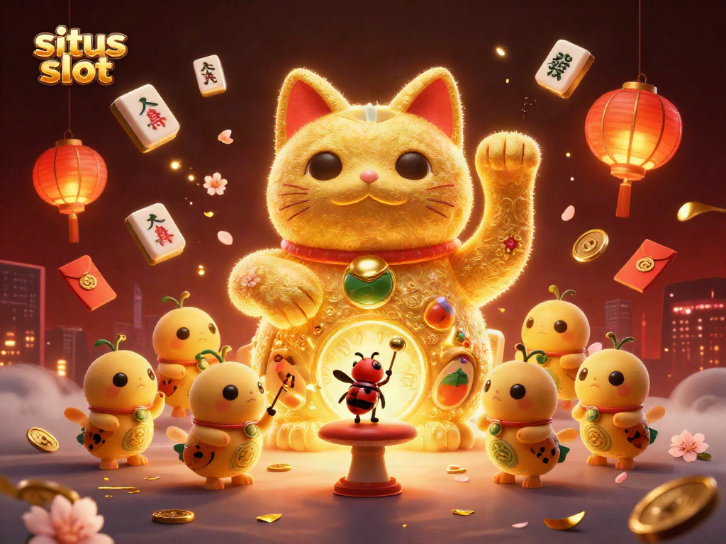 Engage with situs slot through a vibrant, festive scene featuring golden fireflies, lucky cat, and casino elements.