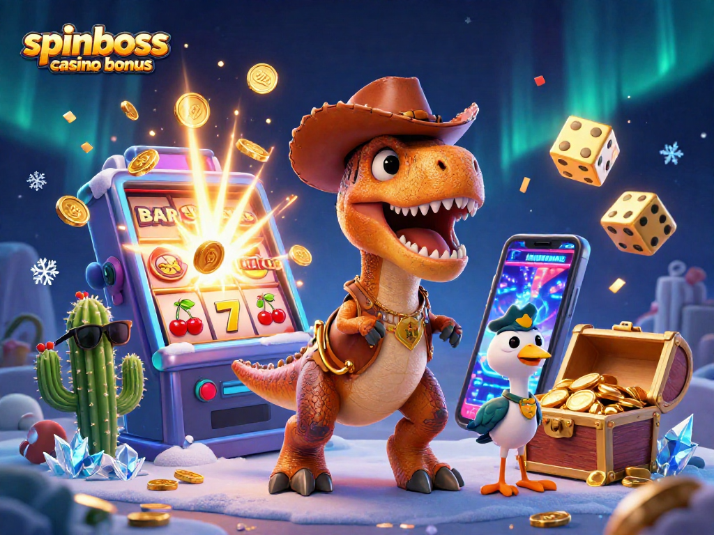 Interaktive Darstellung des SpinBoss Casino Bonus mit einem T-Rex und Casino-Elementen.