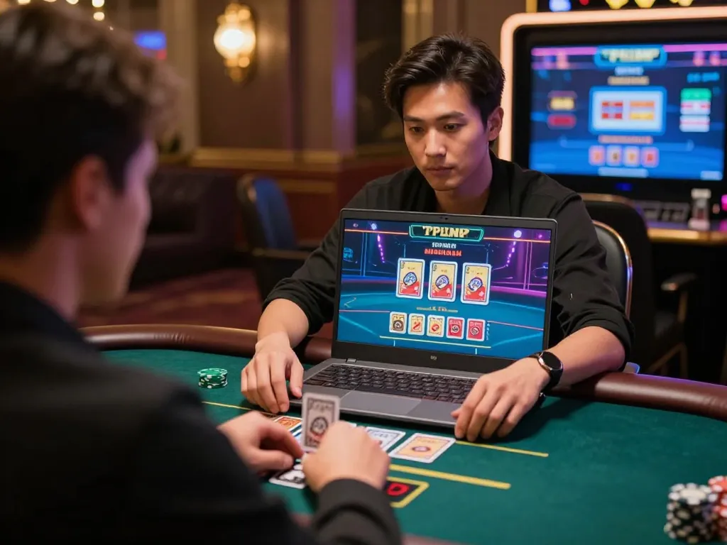 PH22 player excitedly engages with live dealer game on laptop in a luxurious online casino setting