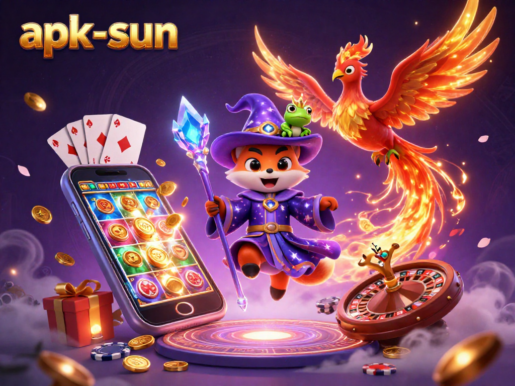 Engage in exciting slot gameplay with apk-sun's fantasy-themed 3D illustration showcasing vibrant characters and gaming elements.