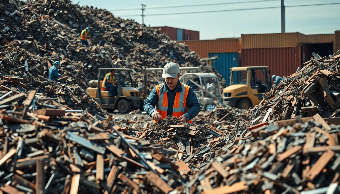 Schrotthändler Remscheid sortiert metallischen Schrott in einem Recyclinghof.