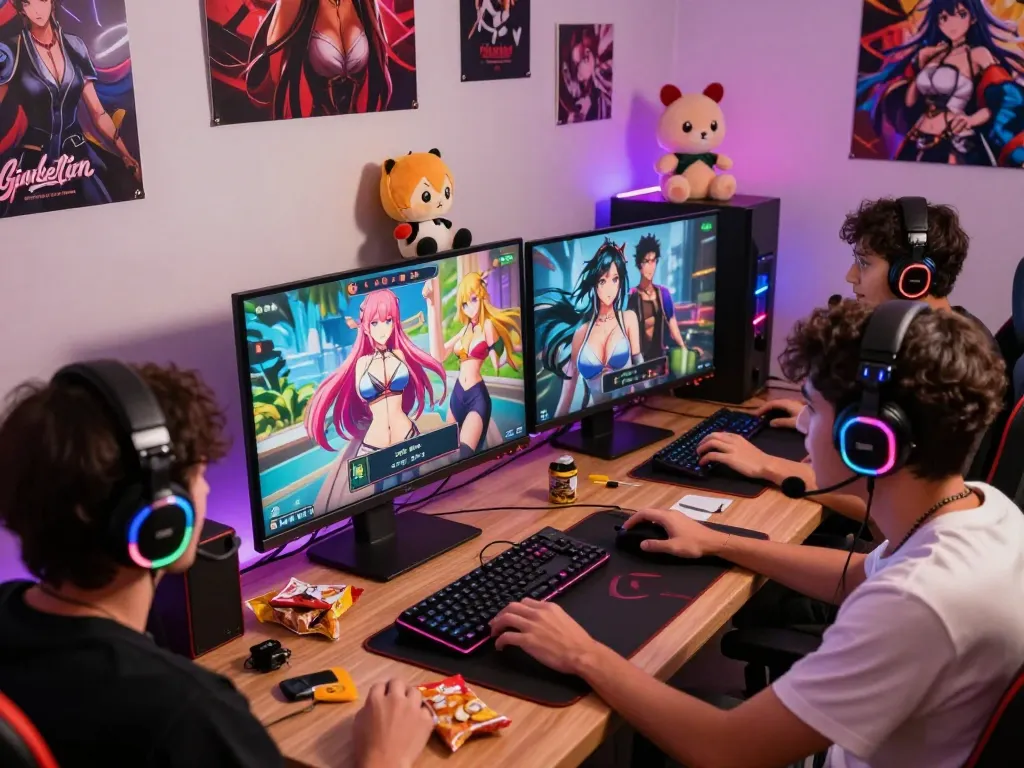 Friends enjoying a sex game online together with vibrant characters on screen.