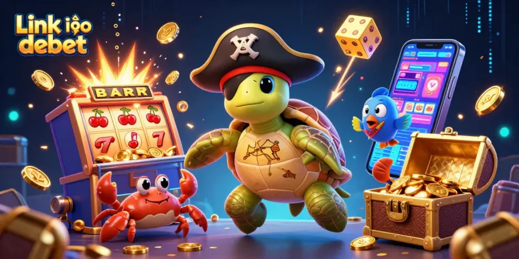 Experience thrilling gaming action with Link vào debet; 3D casino illustration bursting with excitement and colorful elements.