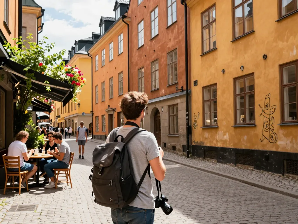Reisetipps Stockholm: Das lebendige Gamla Stan erkunden mit einem Reisenden, der die lokale Kultur und den historischen Charme genießt.