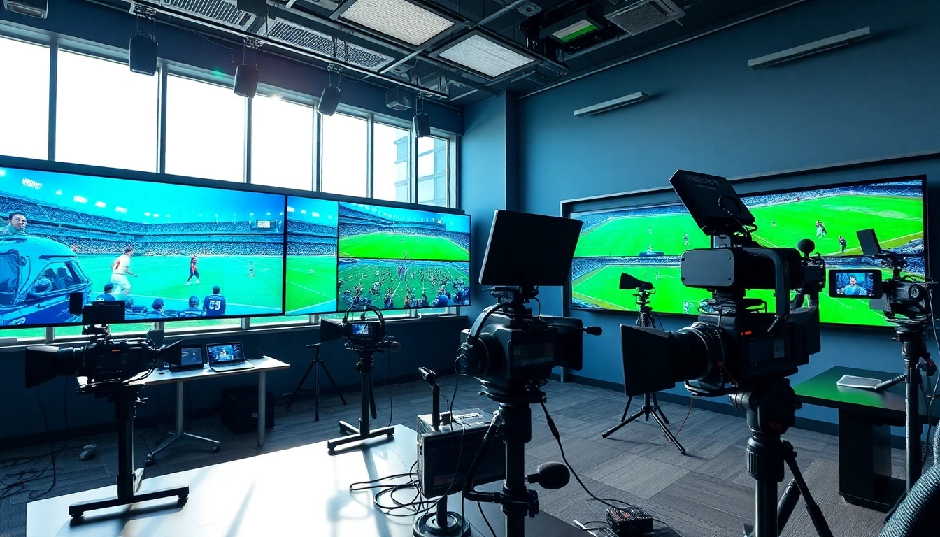 Engaging sports broadcasting studio with live event displays highlights Sports Broadcasting technology.