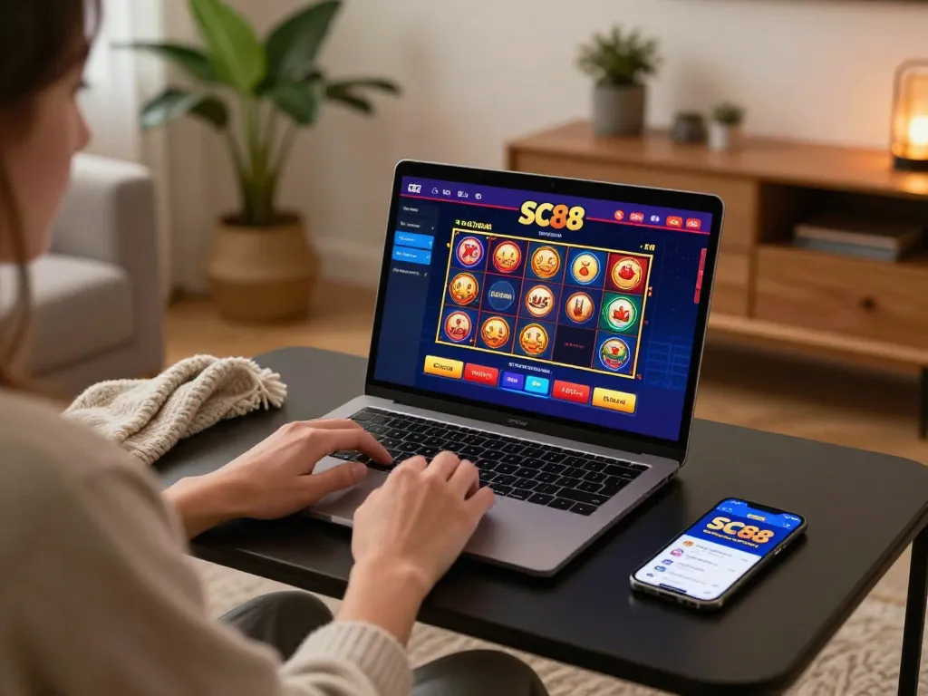 Player enjoying SC88 online casino on laptop with cozy home setup and gaming atmosphere
