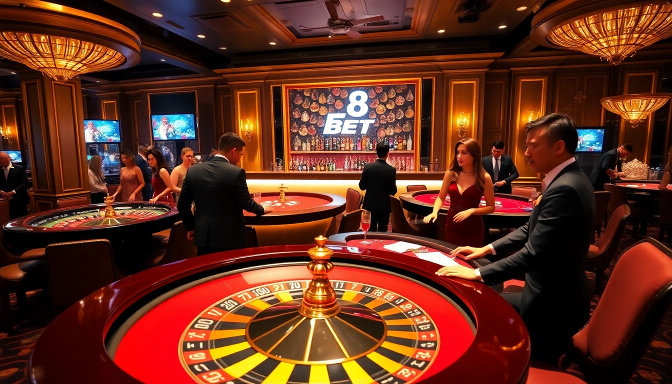 Engage in high-stakes F8 BET gambling with luxury casino tables and excited players.