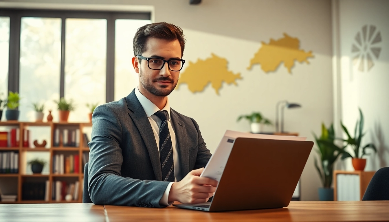Headhunter Schweiz berät Kandidaten in einem modernen Büro mit Laptop und Unterlagen.