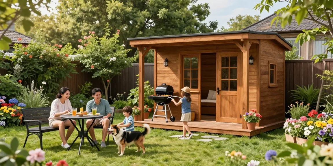 Gartenhaus kaufen: Charmantes Holzhaus im Garten mit glücklicher Familie und sonniger Atmosphäre.