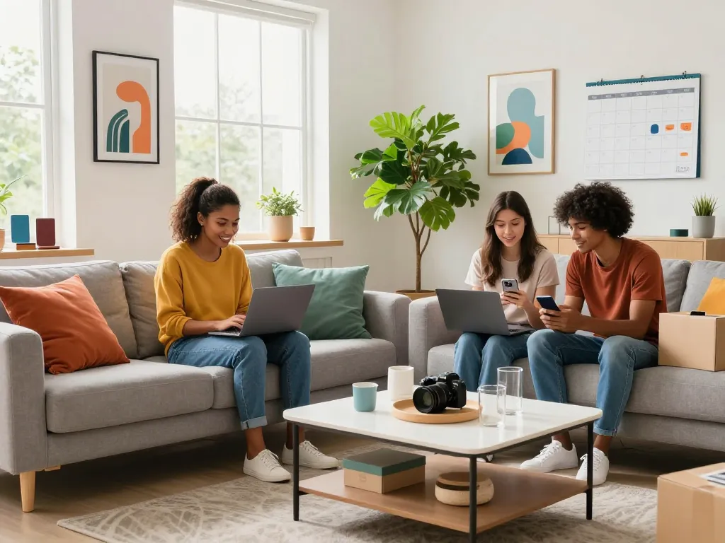 Freunde genießen ein ansprechendes Online-Einkaufserlebnis mit Sofort Lieferbar-Produkten in einem stilvollen Wohnzimmer.