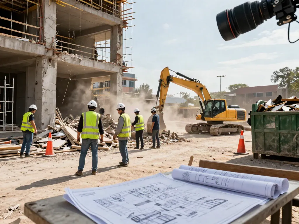 Aktive Baustelle mit Abbrucharbeiten und Abbruch Kosten im Fokus, Bauarbeiter in Sicherheitskleidung und Maschinen im Hintergrund.