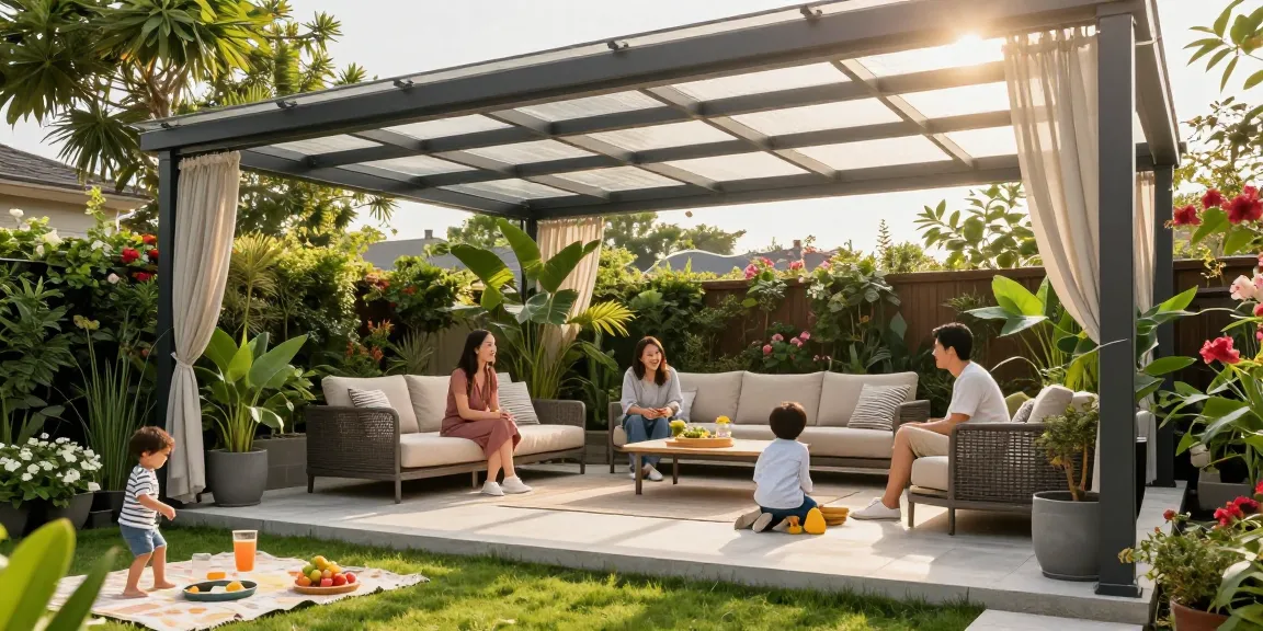 Freistehende Terrassenüberdachung mit Familie im Garten, sonnige Atmosphäre und stilvolles Design.