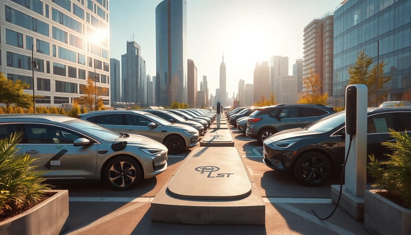 Elektroautos an einer modernen Ladestation in einer urbanen Umgebung.