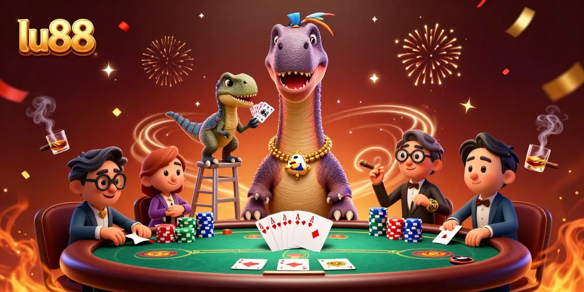 Experience thrilling gambling at lu88 with a brontosaurus, raptor dealer, and colorful poker elements.