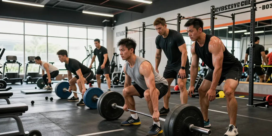 Bodybuilder trainieren in einem lebhaften Fitnessstudio, das Kameradschaft und intensive Workouts bei Steroidshop zeigt.