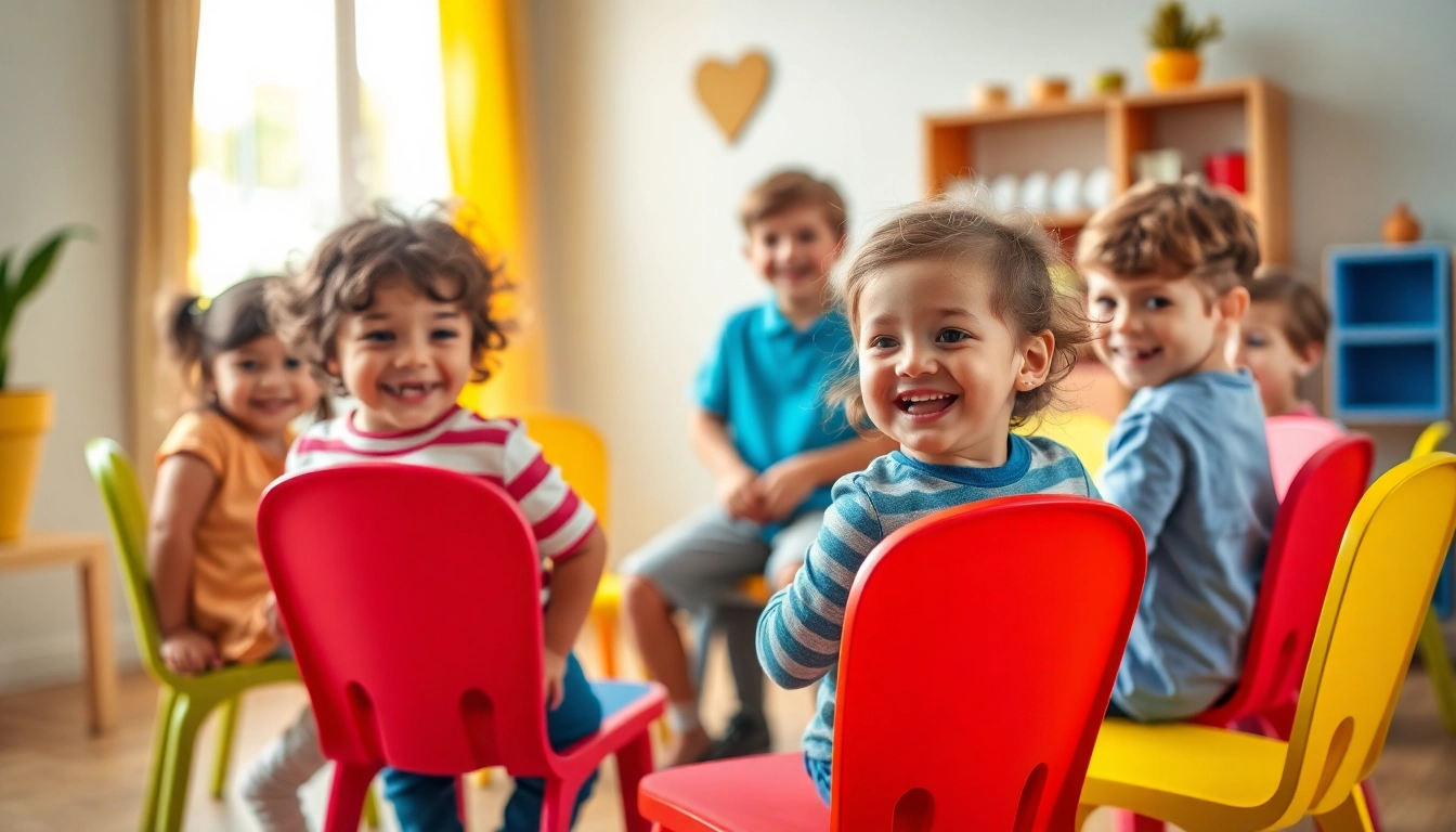 Kinder spielen "Musical Chairs" drinnen, mehr dazu lesen fuer kreative Ideen.