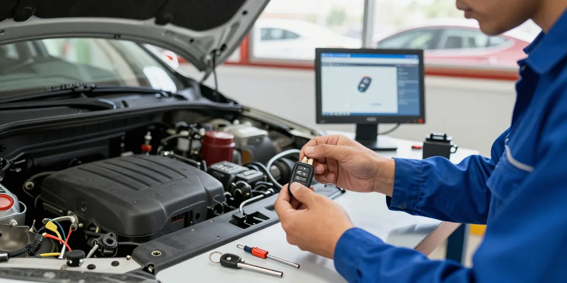 Mechaniker überprüft Auto Schlüssel und Schlüsselprogrammierung in einer hellen Werkstatt.