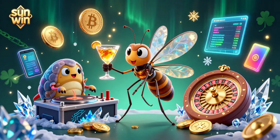Experience the thrill of sun win with a dynamic scene featuring a vibrant casino atmosphere, rare characters, and crypto elements.